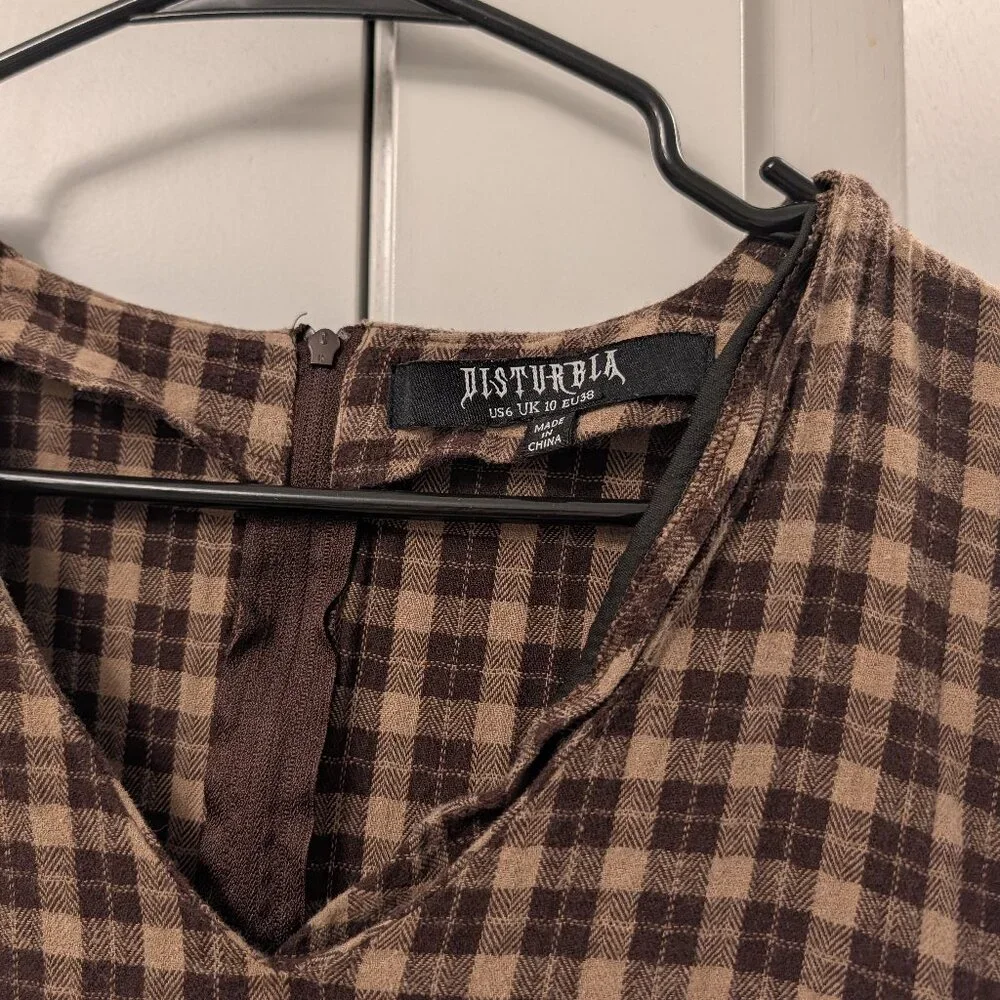Disturbia- Brown Plaid V-Neck Tiered Short Dress - Picture 3 of 8